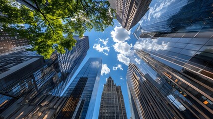 Skyscrapers Reflecting the Sky and Clouds