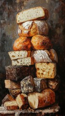 Richly colored oil painting of bread, showcasing crusty textures and realism.