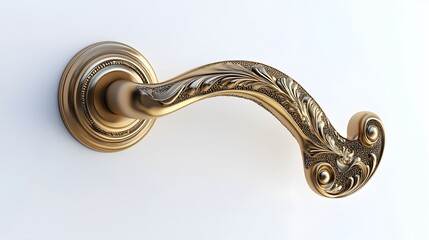 150. A lifelike 3D render of a classic brass door handle with ornate design, isolated on a pristine white background