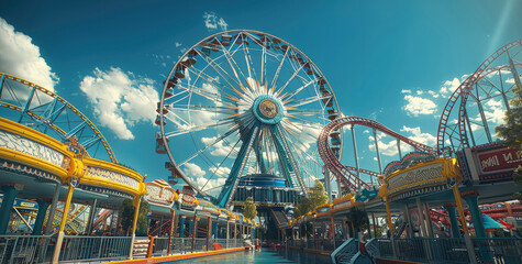 Low-angle shot of an amusement park, featuring a mix of creative and surreal structures. It features a large Dome structure. Generative AI.