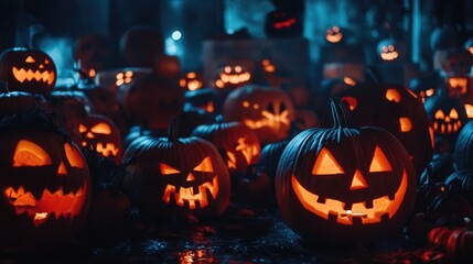 A spooky scene of glowing jack-o'-lanterns in a foggy forest.