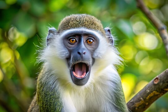 In a tree canopy, a male green monkey (Chlorocebus sabaeus) barks aloud, its bright blue skin and snowy white whiskers standing out amidst lush foliage.