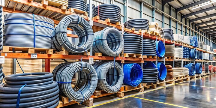 "Scene of 4-inch plastic water pipes with labels on reels, bundles of pipes on pallets, and a price tag displaying $2.50 per foot in a hardware store setting."