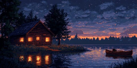 Obraz premium Serene Cabin by the Lake at Dusk with Starry Sky and Rowboat