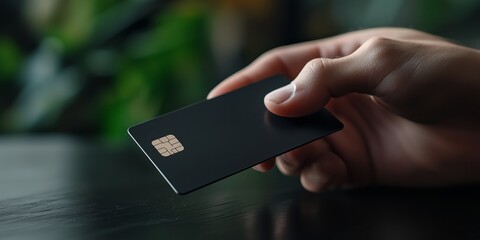 A close-up of a hand holding a sleek black credit card with a chip, representing modern finance and luxury payment methods.