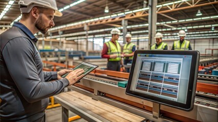 Quality assurance team reviewing product defects on a digital dashboard, modern manufacturing environment, [quality control], [digital inspection system]