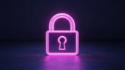 glowing neon lock symbol shines on a dark digital background, representing security, protection, and encryption in a modern, technological context