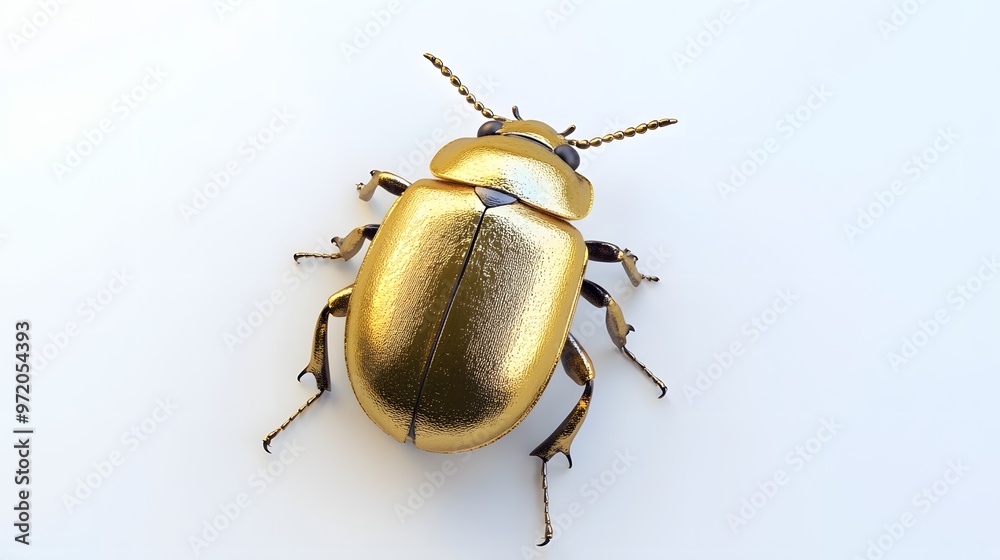 Wall mural 10. a detailed 3d render of a golden beetle with a metallic sheen, isolated on a pristine white back