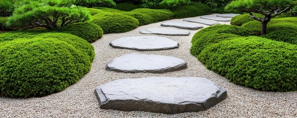 Stone pathway winding through a Japanese rock garden, bordered by carefully pruned pine trees and patches of soft, green moss