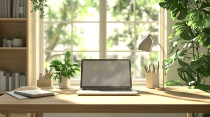 Cozy home Office Concept Showcasing Minimalist Style: A work Desk with computer, Documents, green plants and Well-Lit Interior. graphic Resources,  Illustration, 