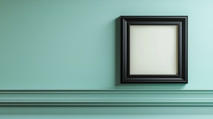 Square black picture frame hanging on a light green wall with decorative trim, offering a minimalist and modern aesthetic.