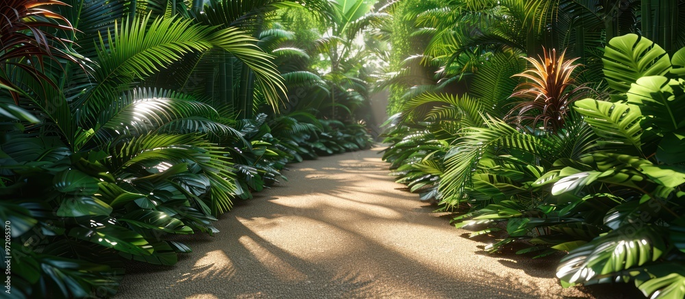 Poster Sunlit Path Through Lush Tropical Foliage