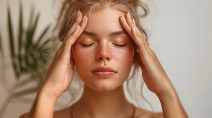 Fototapeta premium A young woman sits calmly at home, eyes closed and hands resting gently on her forehead, focusing on her breathing and finding tranquility in her surroundings - Generative AI