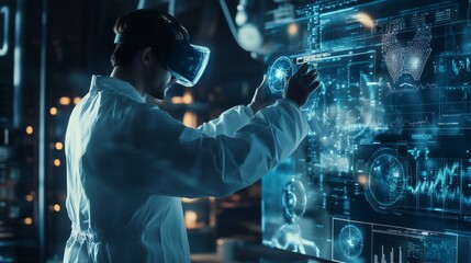 Scientist observing data through augmented reality interface, futuristic technology visualization. AI generated