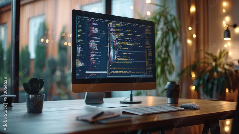 Poster A desktop computer displaying lines of code on the screen. Generative AI.