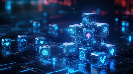 A stack of futuristic digital dice with icons representing various stages in the competitive process of technological progress, such as ideas, against a virtual world background