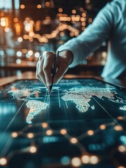 Business professional analyzing global data on a digital touchscreen interface in a modern workspace with vibrant lighting.
