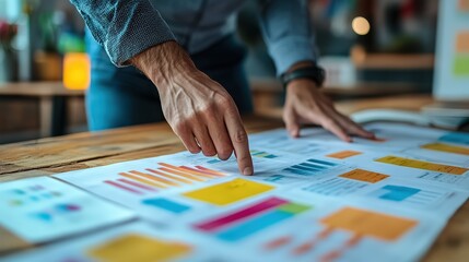 Obraz premium Close-up of a person analyzing financial charts and graphs on a wooden desk, highlighting business analysis and data review.