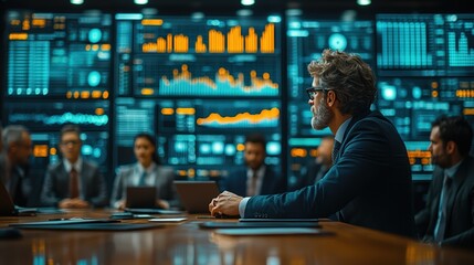 Obraz premium Business executives analyzing data on large digital screens during a corporate meeting in a high-tech office environment.