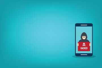 Hacker with hacked note on mobile phone , stealing confidential data, personal information and credit card detail. Hacking concept.	