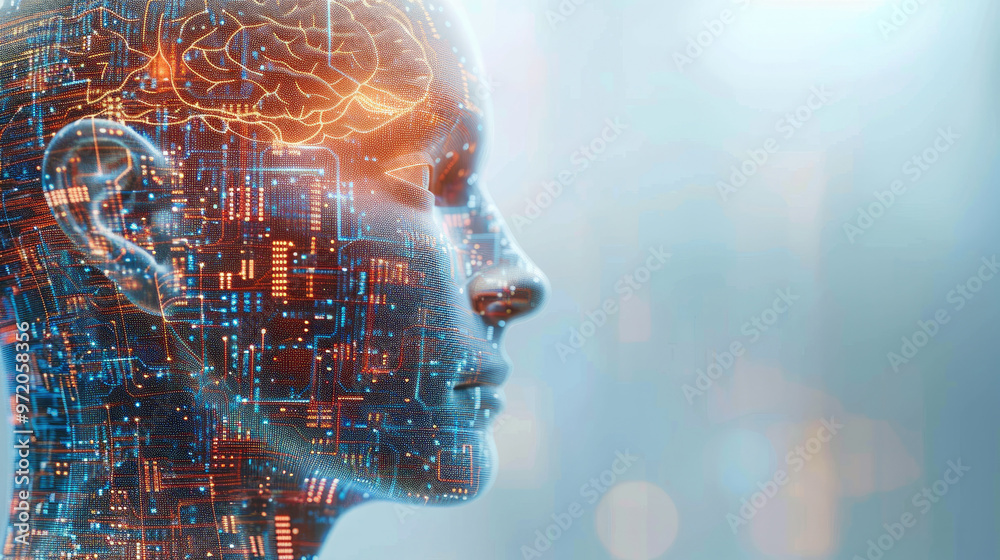 Aufkleber a human head with microchips interwoven into the brain, futuristic design, illustrating the merging 