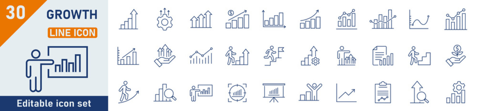 Growth line icon set. Set of 30 outline icons related to growth, performance, gain, improvement, increase, evolution, development and others. Growth outline icons collection. Vector illustration.