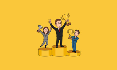 This vector shows three people celebrating on a podium with trophies.