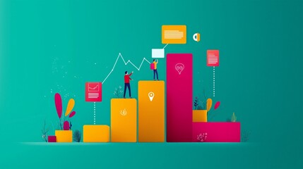 Fototapeta premium Colorful infographic illustrating data analysis with charts and figures, symbolizing growth and business strategy.