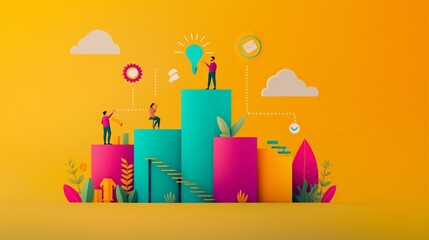 Fototapeta premium Colorful illustration showing teamwork and growth, depicting people on ascending blocks with symbols of ideas and success.