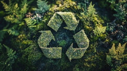 A lush green recycling symbol made of grass and moss on a bed of ferns.