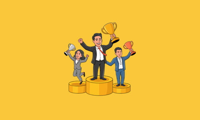 This vector shows three people celebrating on a podium with trophies.