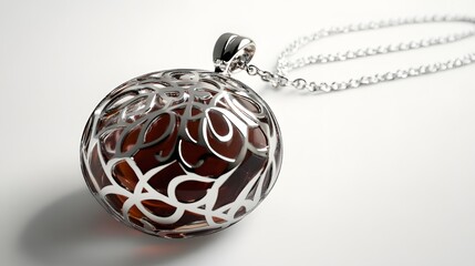 140. A detailed 3D render of a stylish glass pendant with an intricate design, isolated on a pristine white background
