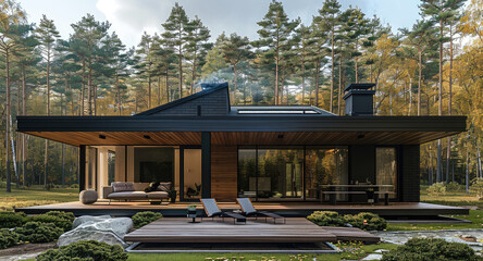 Obraz premium Exterior of a one-story modern elite country cottage, texture of wooden boards, flat black roof, floor-to-ceiling windows, brick chimney, large terrace, pine forest around the house. Generative AI.