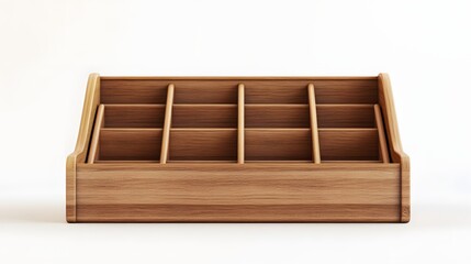 142. A realistic 3D render of a classic wooden desk organizer with compartments, isolated on a pristine white background