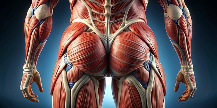 "Close-up of human gluteus maximus muscle, highlighting the muscles' anatomy and layers, with surrounding skin removed to reveal underlying structure."