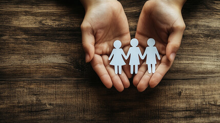 Hands gently holding a paper cutout of a family, symbolizing unity, protection, and love. The wooden background adds warmth and simplicity, emphasizing the bond between loved ones