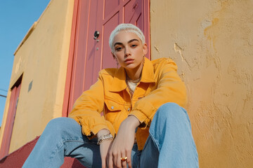 A young person with short, light hair sits casually on steps, wearing bright yellow jacket and denim jeans. vibrant colors and relaxed pose convey sense of confidence and style