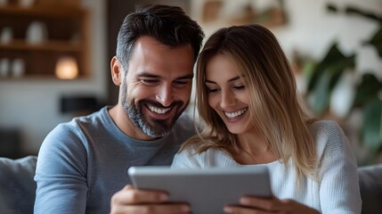 A couple reviewing their home loan refinance options on a digital tablet, modern home interior, close-up of screen and happy expressions