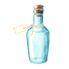 Glass bottle empty with cork and paper label on rope. Transparent vessel for liquid. Hand drawn watercolor illustration isolated. Utensil for vine, sauce or oil. Clipart for postcard, cosmetic, menu.