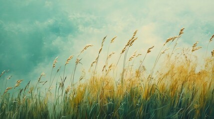 Golden grass stalks blowing in the wind with a light blue and green sky background.