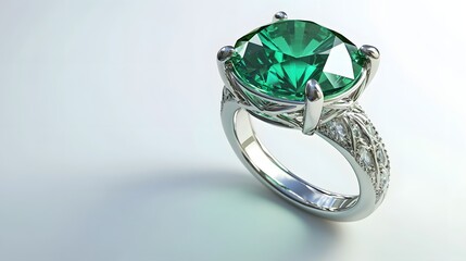 108. A lifelike 3D render of a beautiful emerald ring with detailed facets, isolated on a pristine white background