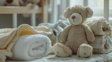 Newly wash baby clothing is matched by an animal toy and soap fabric soften