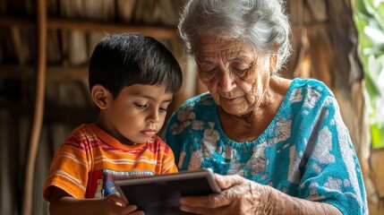 Teaching Intergenerational Tech Use - Elderly Mexican Woman Helps Grandson with Tablet Social Media - Powered by Adobe