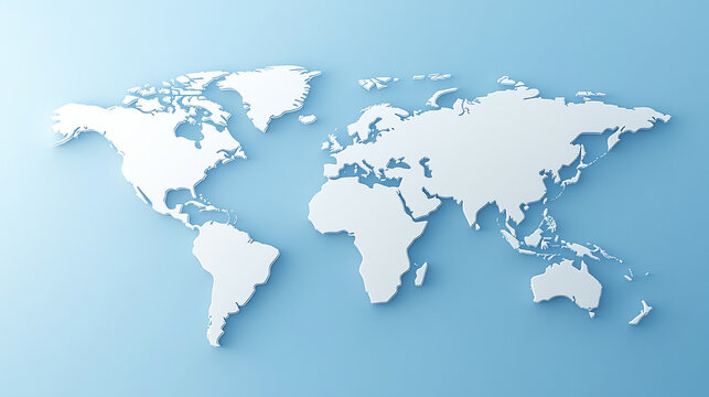 Fototapeta 3D world map rendered on a soft blue gradient background. The sleek design highlights global connectivity and simplicity, perfect for modern and clean visuals