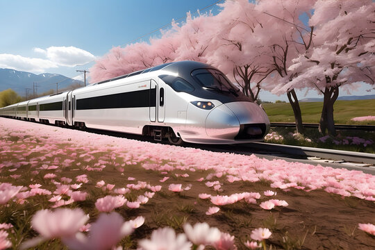 A high speed train and cherry blossom