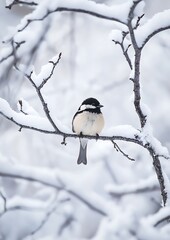Naklejka premium A peaceful winter scene featuring a bird perched on a snow-laden branch, framed by other snow-covered branches. The minimal background provides ample space for text