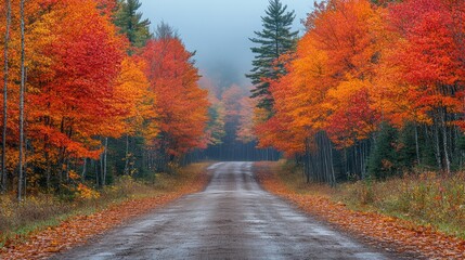 Obraz premium A calm autumn path through the woods, the trees ablaze with fall colors, with the ground thick with leaves, and the sun casting long shadows