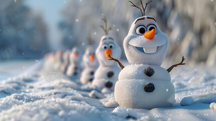 Fototapeta premium Snowman in the middle of the snow lined up, funny, children's, realistic, Christmas theme