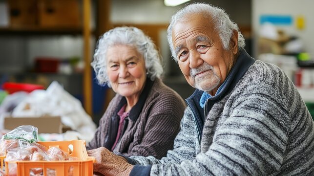 Active Aging: Elderly New Zealand Couple Volunteering at Local Charity, Giving Back to Community