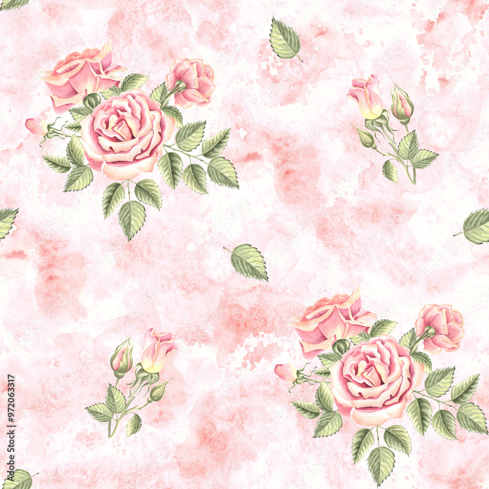 Wall mural roses flowers and buds soft light pink with green leaves. spring seamless pattern. hand drawn waterc